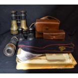 Three vintage binoculars ,telescope ,camera, military cap and photographs/letters