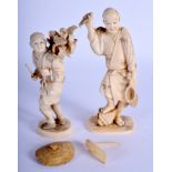 A 19TH CENTURY JAPANESE MEIJI PERIOD CARVED IVORY OKIMONO modelled as a farmer, together with anoth