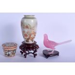 A 19TH CENTURY JAPANESE MEIJI PERIOD KUTANI JAR together with a vase & Peking glass bird. (4)