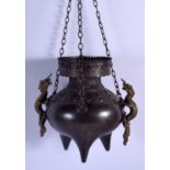 A RARE 19TH CENTURY JAPANESE MEIJI PERIOD HANGING BRONZE CENSER with twin dragon handles. 19 cm x 1