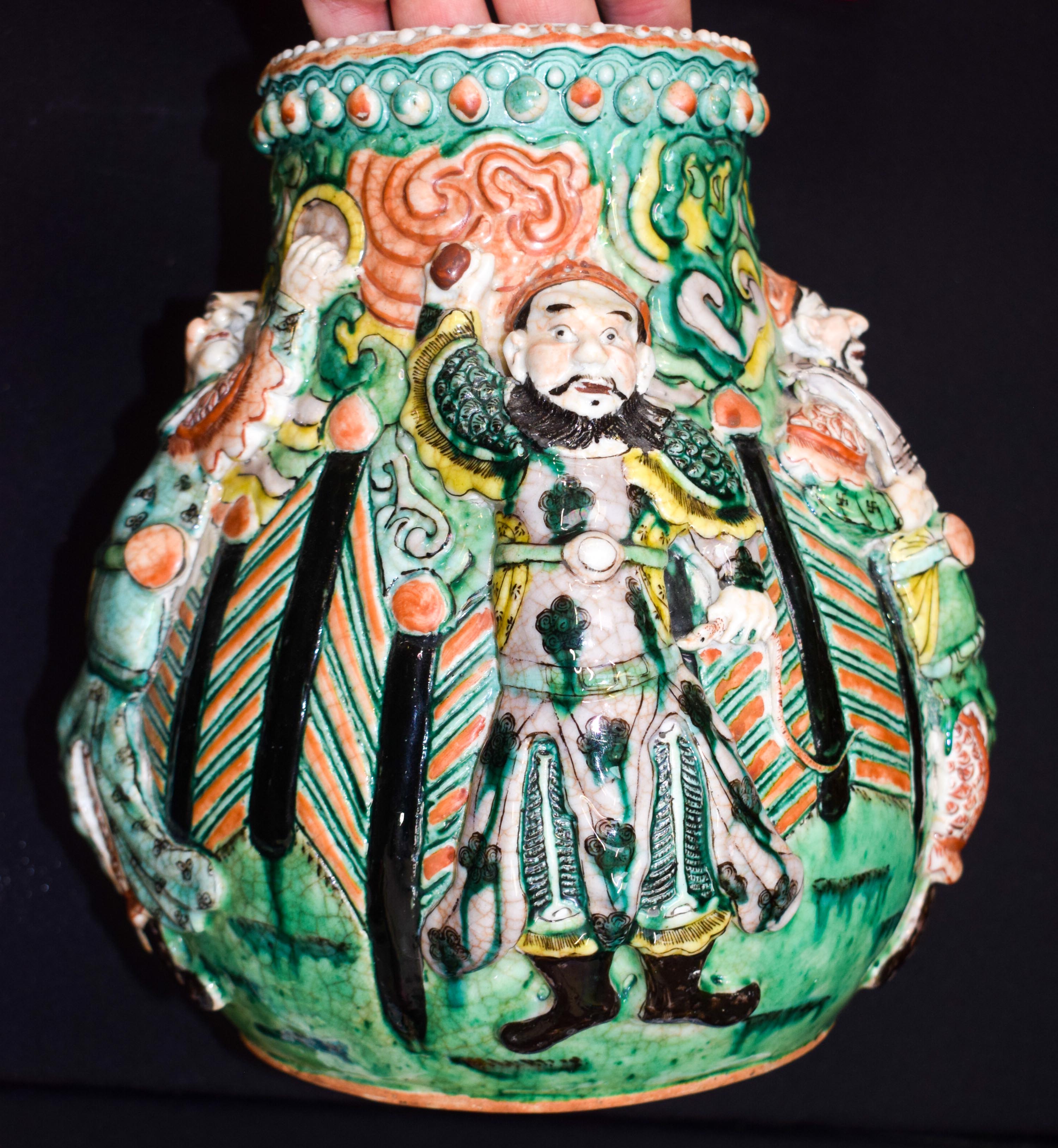 A VERY RARE 19TH CENTURY CHINESE FAMILLE VERTE IMMORTALS VASE Qing, unusually decorated in relief w - Image 6 of 11