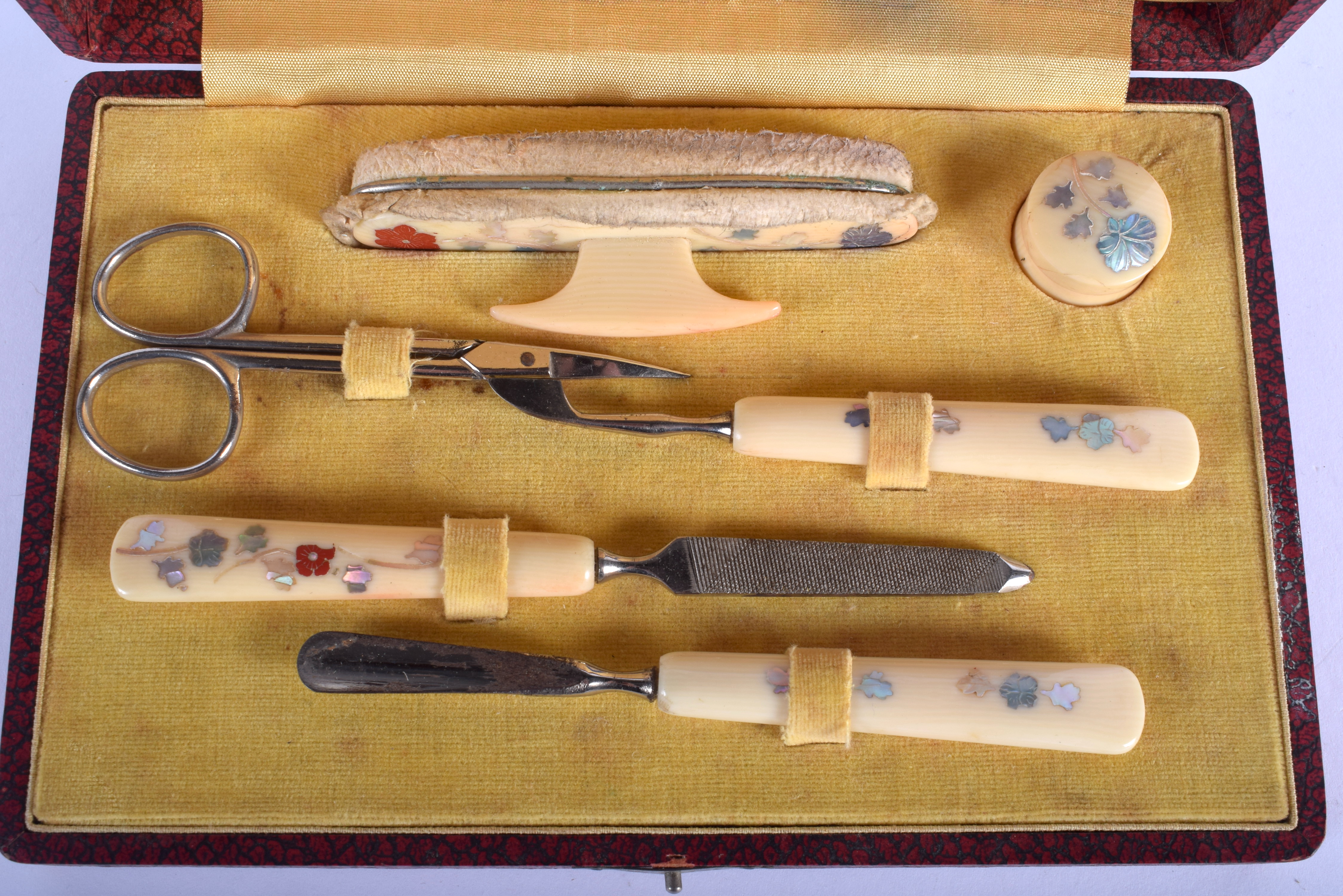 AN EARLY 20TH CENTURY JAPANESE MEIJI PERIOD CARVED SHIBAYAMA IVORY SEWING KIT. (qty) - Image 2 of 2