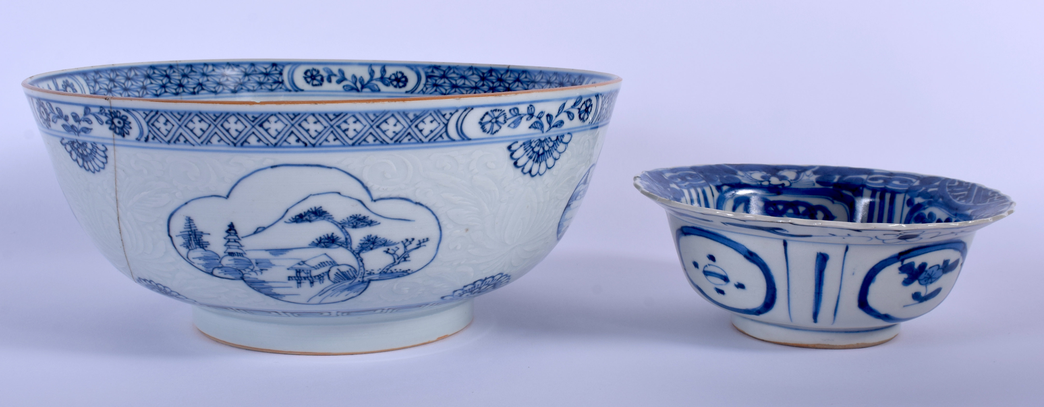 AN 18TH CENTURY CHINESE EXPORT BLUE AND WHITE BOWL Qianlong, painted with landscapes, together with