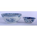 AN 18TH CENTURY CHINESE EXPORT BLUE AND WHITE BOWL Qianlong, painted with landscapes, together with