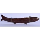 A RARE EARLY 20TH CENTURY EUROPEAN CARVED WOOD CASED KNIFE AND FISH FORK. 35 cm long.