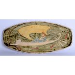 AN UNUSUAL STUDIO POTTERY RECTANGULAR STONEWARE DISH painted with a reclining figure upon a Viking