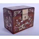 A 19TH CENTURY CHINESE HONGMU MOTHER OF PEARL INLAID TEA CADDY decorated with birds and foliage. 12