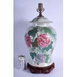 A LARGE CHINESE REPUBLICAN PERIOD FAMILLE ROSE VASE AND COVER converted to a lamp, painted with bol