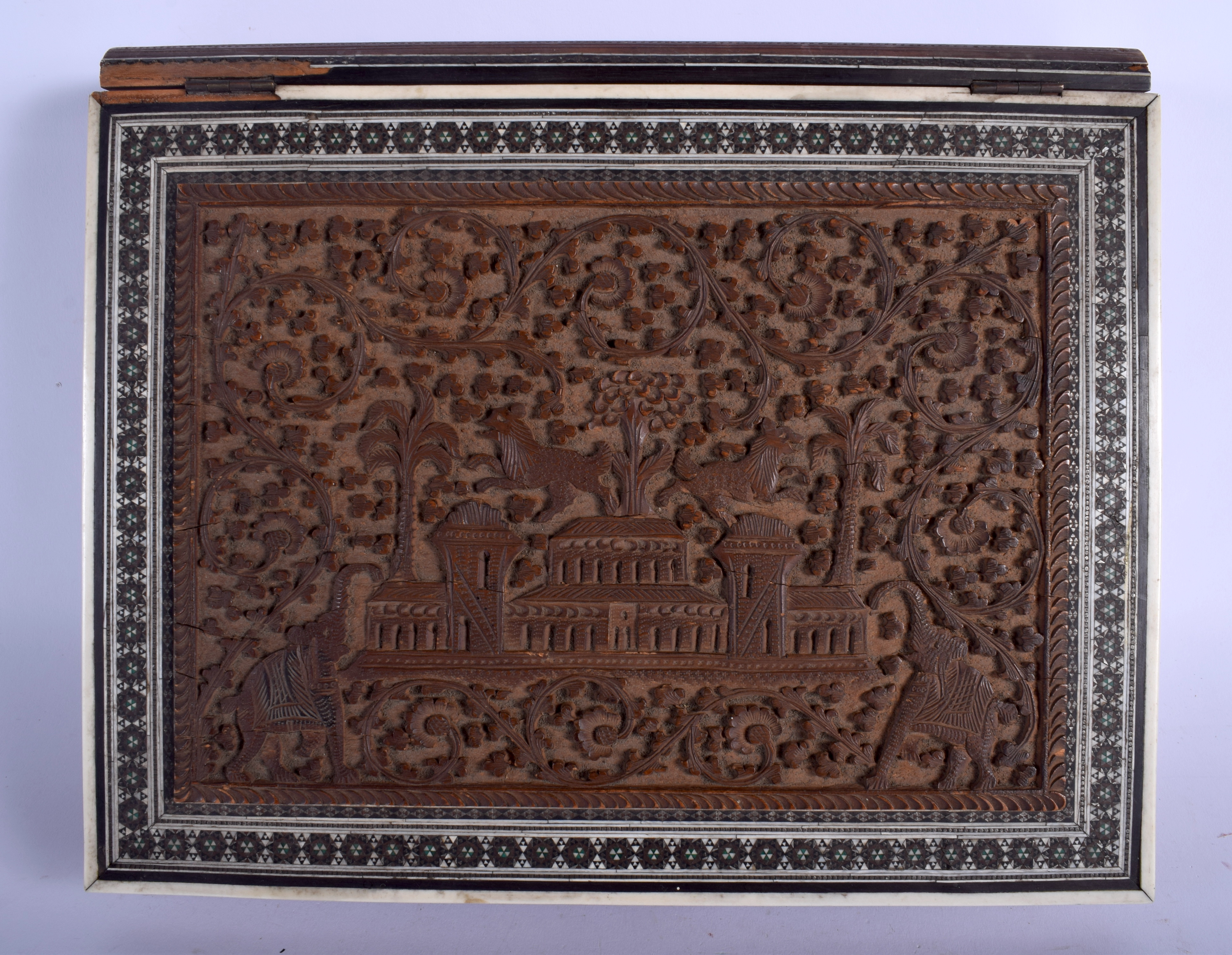 A RARE LARGE 19TH CENTURY MIDDLE EASTERN IVORY AND SANDALWOOD BOOK COVER decorated with elephants a - Image 2 of 5