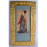 A 19TH CENTURY JAPANESE MEIJI PERIOD PAINTED WATERCOLOUR depicting a standing geisha. Image 24 cm x