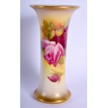 Royal Worcester trumpet shaped vase with waisted sides painted with roses by Millie Hunt, signed da