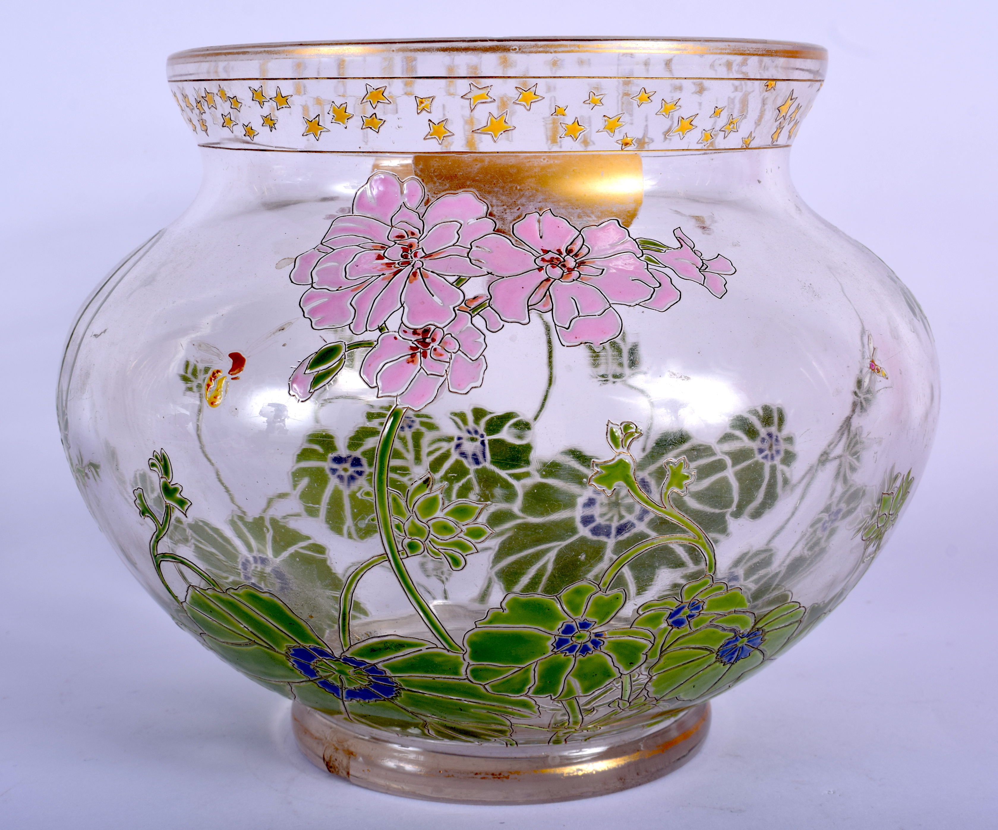 AN ART NOUVEAU ENAMELLED GLASS VASE painted with foliage and bees. 18 cm x 16 cm. - Image 2 of 3