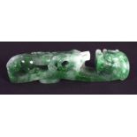 A CHINESE CARVED GREEN JADEITE BELT HOOK 20th Century. 6.5 cm long.