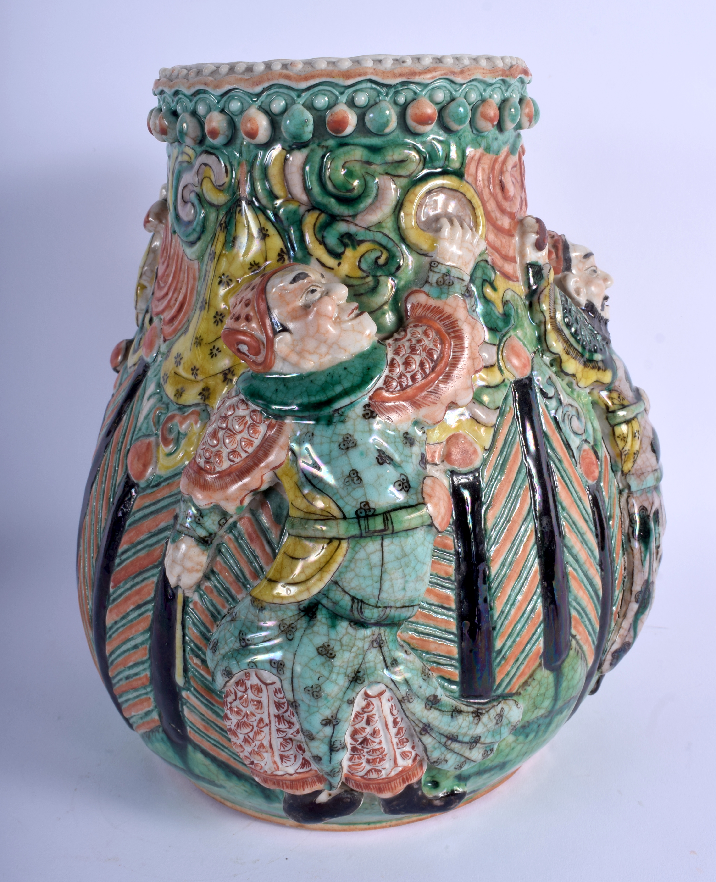 A VERY RARE 19TH CENTURY CHINESE FAMILLE VERTE IMMORTALS VASE Qing, unusually decorated in relief w - Image 3 of 11