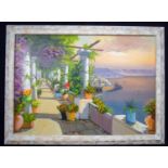 Pair of pastels signed and an Oil on Canvas Mediterranean scene signed 49cm x 69cm