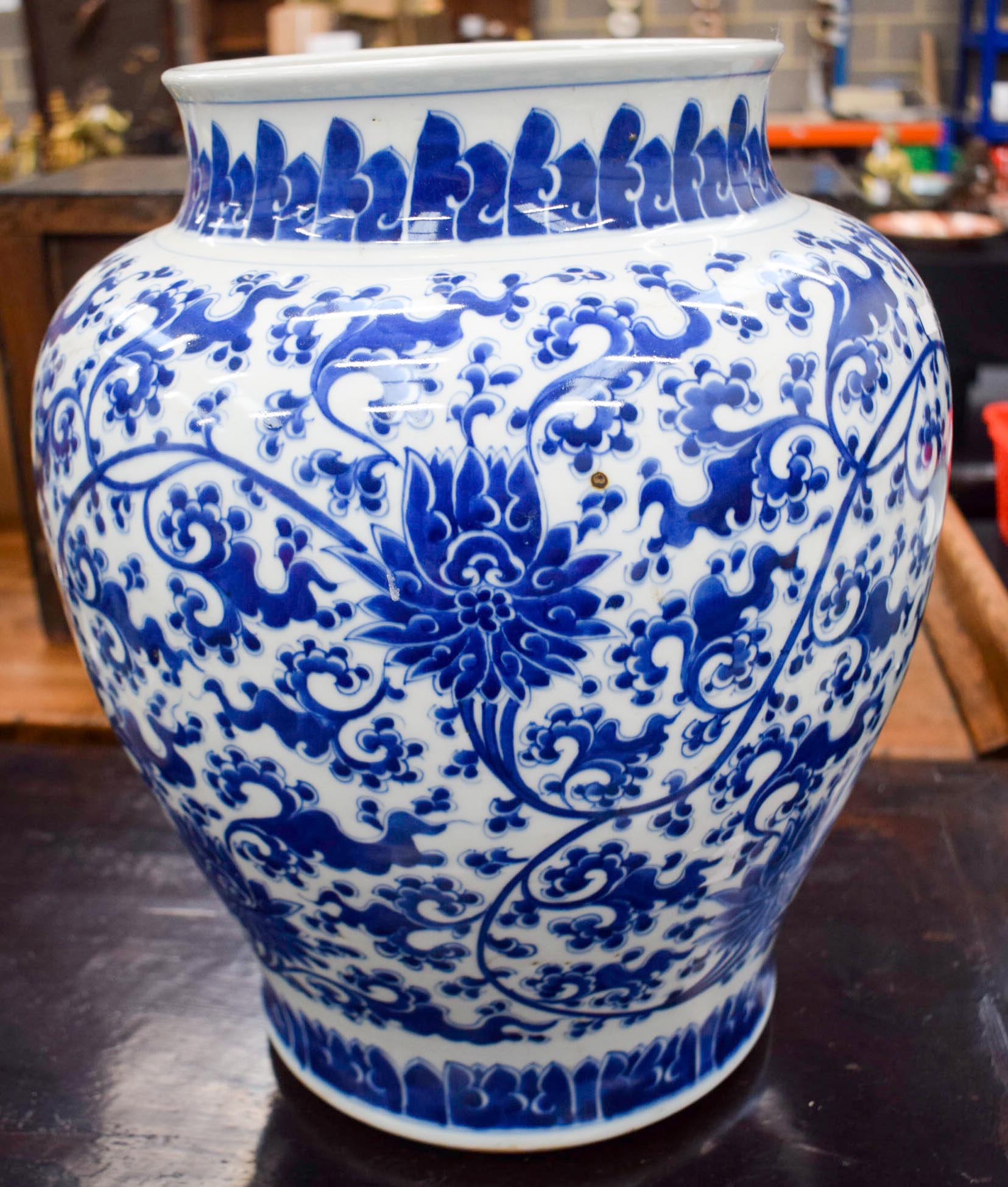 A LARGE PAIR OF CHINESE BLUE AND WHITE PORCELAIN BALUSTER VASES probably Mid Qing Dynasty, painted - Image 4 of 15