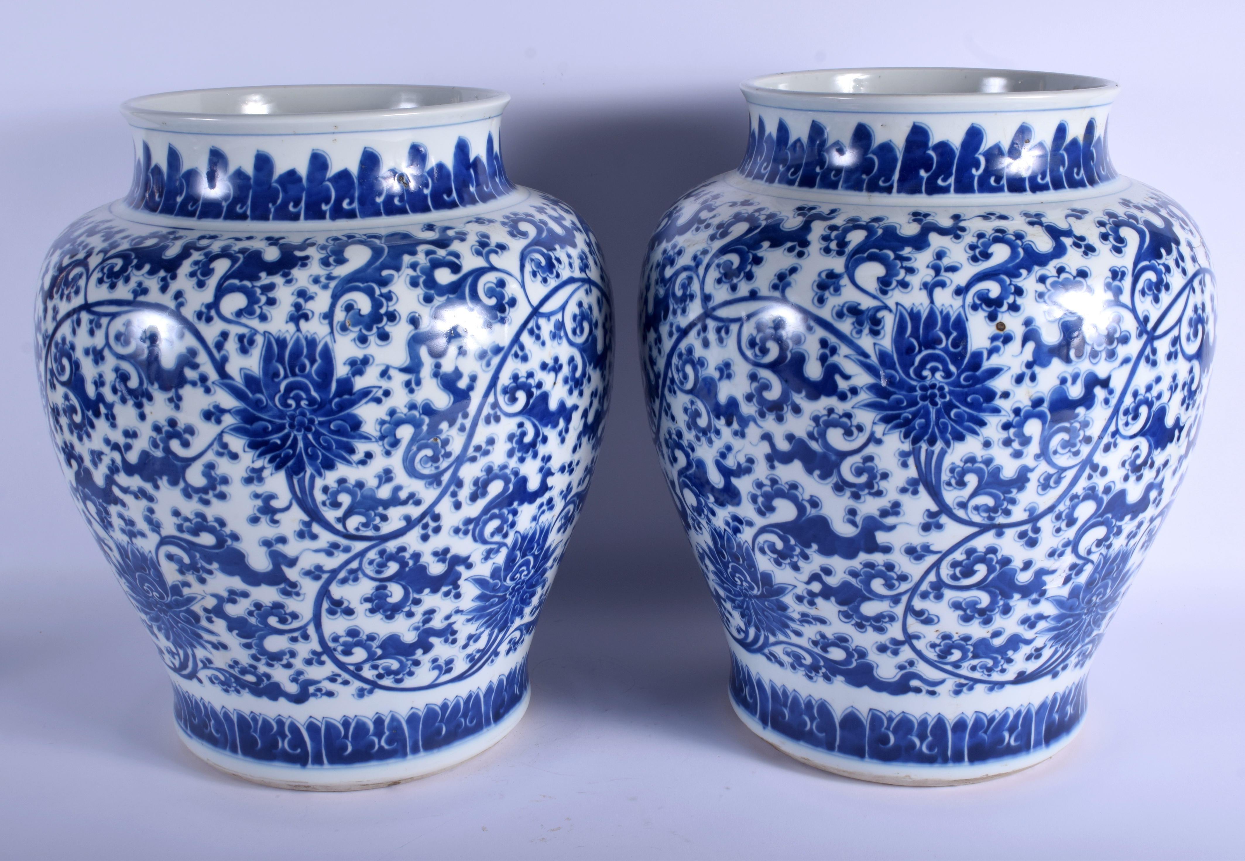A LARGE PAIR OF CHINESE BLUE AND WHITE PORCELAIN BALUSTER VASES probably Mid Qing Dynasty, painted - Image 2 of 15