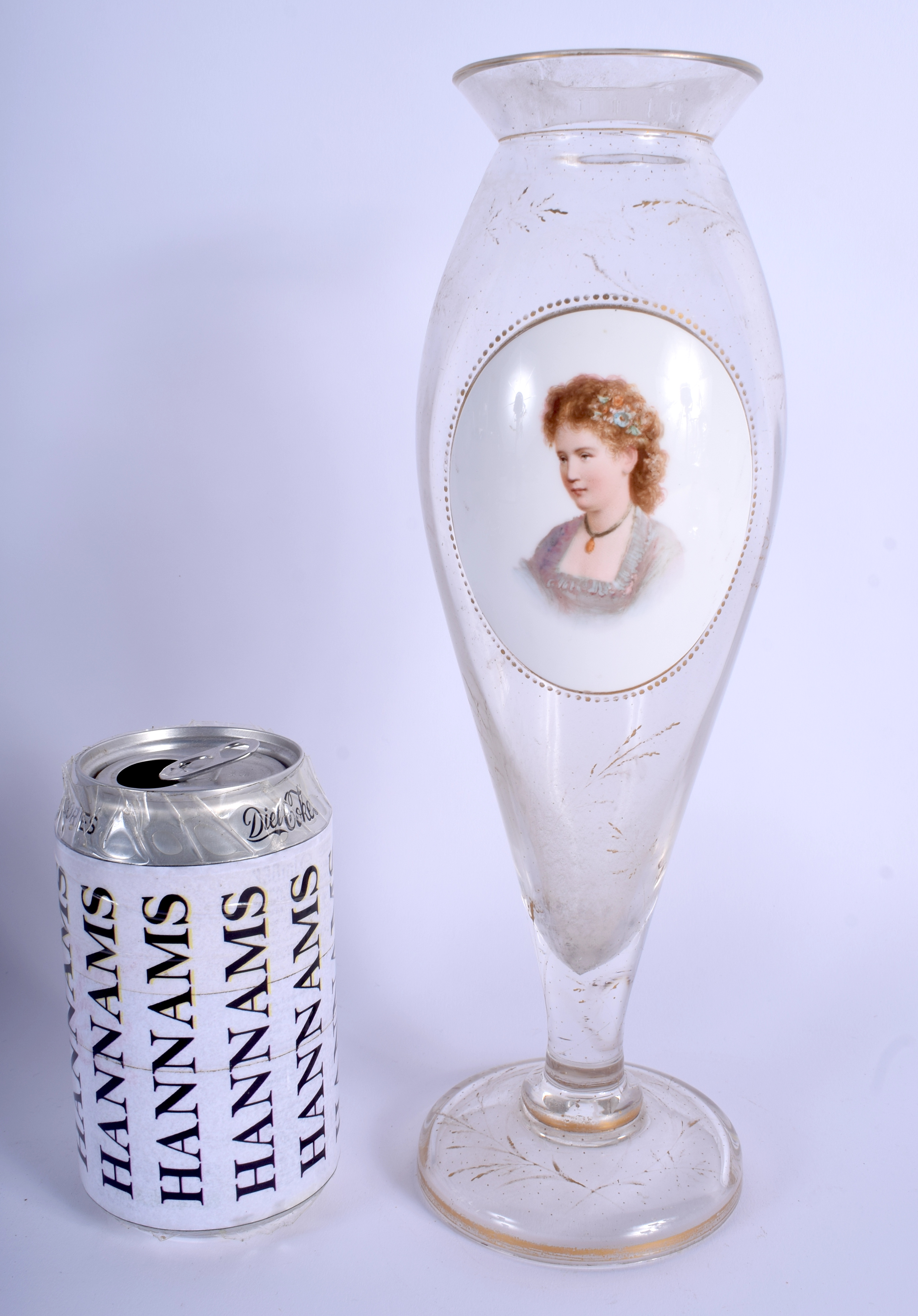 AN EARLY 20TH CENTURY BOHEMIAN GLASS VASE enamelled with a portrait of a female. 27 cm high.