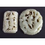 TWO EARLY 20TH CENTURY CHINESE CARVED GREEN JADE PLAQUES Late Qing/Republic. Largest 6 cm x 5.5 cm.