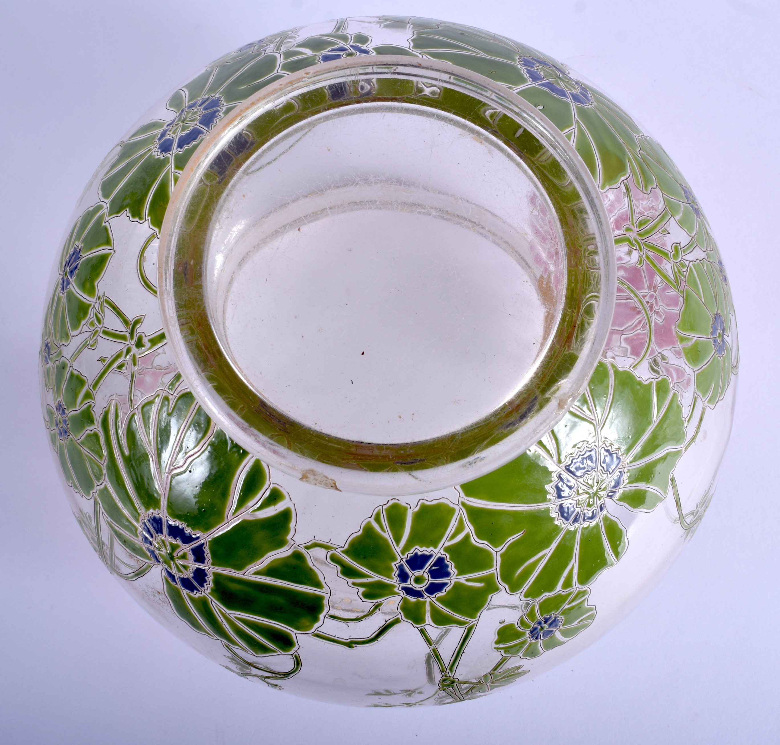 AN ART NOUVEAU ENAMELLED GLASS VASE painted with foliage and bees. 18 cm x 16 cm. - Image 3 of 3