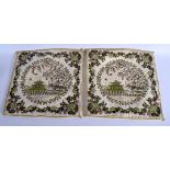 A PAIR OF CHINESE SILK EMBROIDERED CUSHION COVERS decorated with foliage and buildings. 36 cm x 42