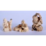 A 19TH CENTURY JAPANESE MEIJI PERIOD CARVED IVORY NETSUKE together with two other similar ivory oki