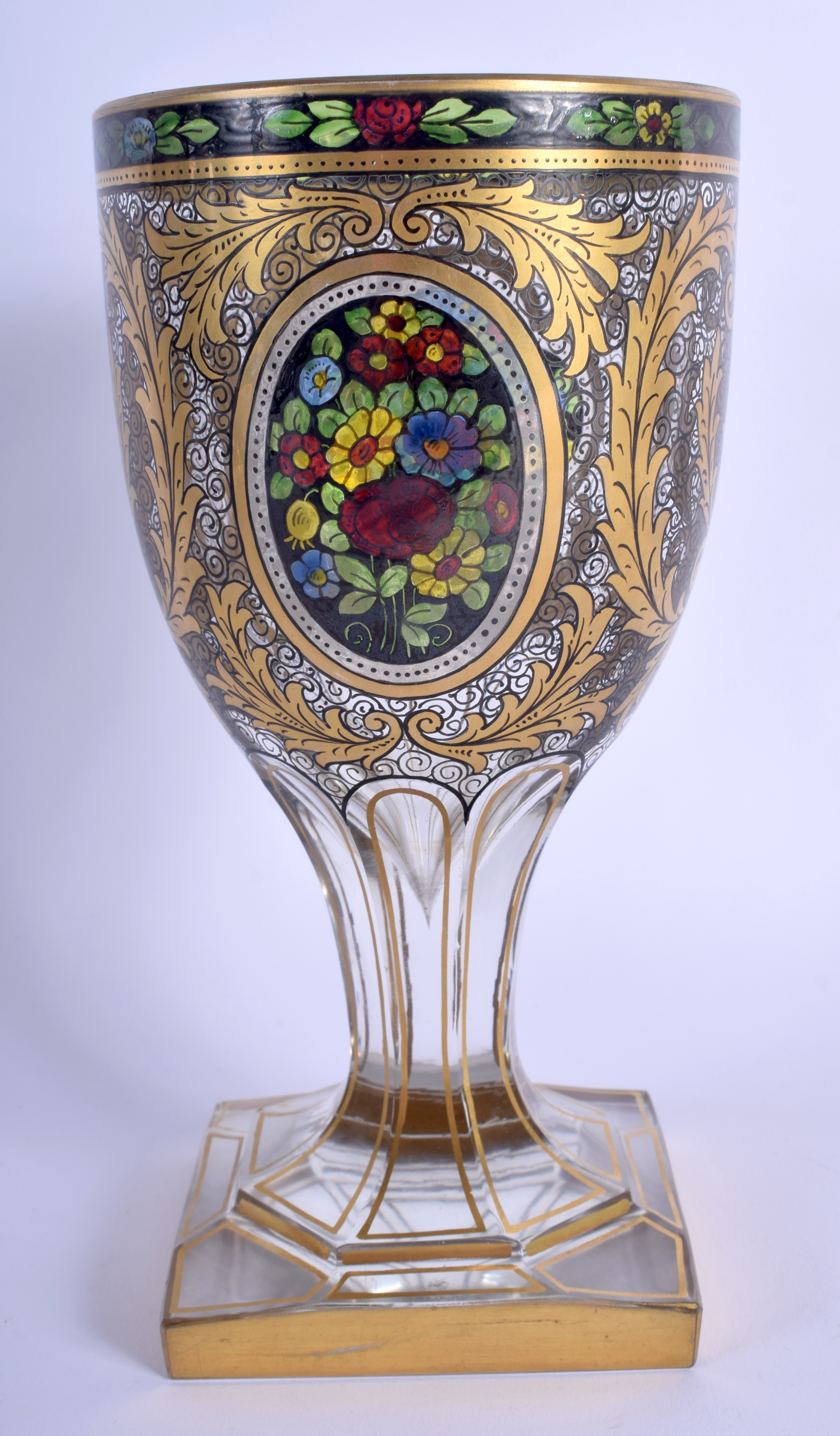 A FINE 19TH CENTURY EUROPEAN ENAMELLED GILDED GLASS GOBLET painted with floral sprays and vines. 21 - Image 2 of 2