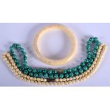 A 19TH CENTURY EUROPEAN CARVED IVORY BANGLE together with a similar necklace & a malachite necklace