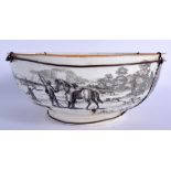 A VERY RARE 18TH CENTURY WORCESTER BLACK AND WHITE PRINTED BOWL decorated with horses and landscape