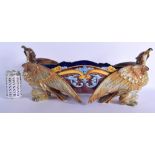 A LARGE 19TH CENTURY ITALIAN GINORI MAJOLICA POTTERY PLANTER formed with opposing birds. 47 cm x 25