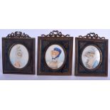 THREE EARLY 20TH CENTURY CONTINENTAL PAINTED IVORY PORTRAIT MINIATURES within foliate embellished f