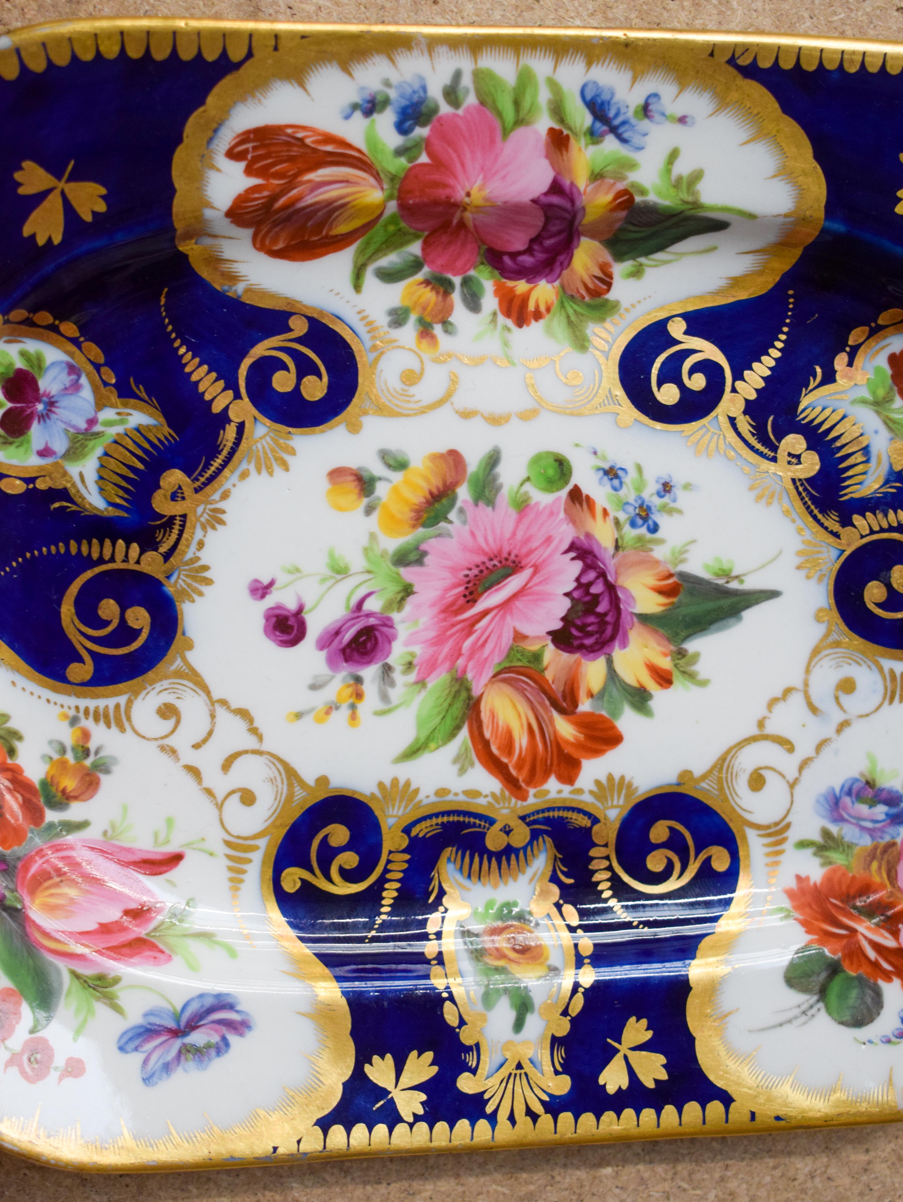 Early 19th c. Coalport pair rectangular dishes painted lavish flowers on a cobalt blue and gilt gro - Image 4 of 14