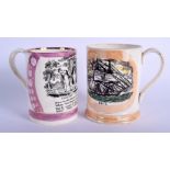 TWO EARLY 19TH CENTURY STAFFORDSHIRE LUSTRE FROG MUGS printed with Sailors Farewell & Brig. Largest