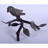 A MIDDLE EASTERN INDIAN BRONZE FIGURE OF A BIRD modelled upon a naturalistic branch. 14 cm x 11 cm.