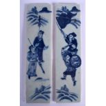 A PAIR OF 19TH CENTURY CHINESE BLUE AND WHITE PORCELAIN TILES Qing. 24 cm x 6.5 cm.
