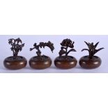 FOUR JAPANESE BRONZE BONSAI TREE OKIMONO of naturalistic form. Largest 6 cm x 4 cm. (4)