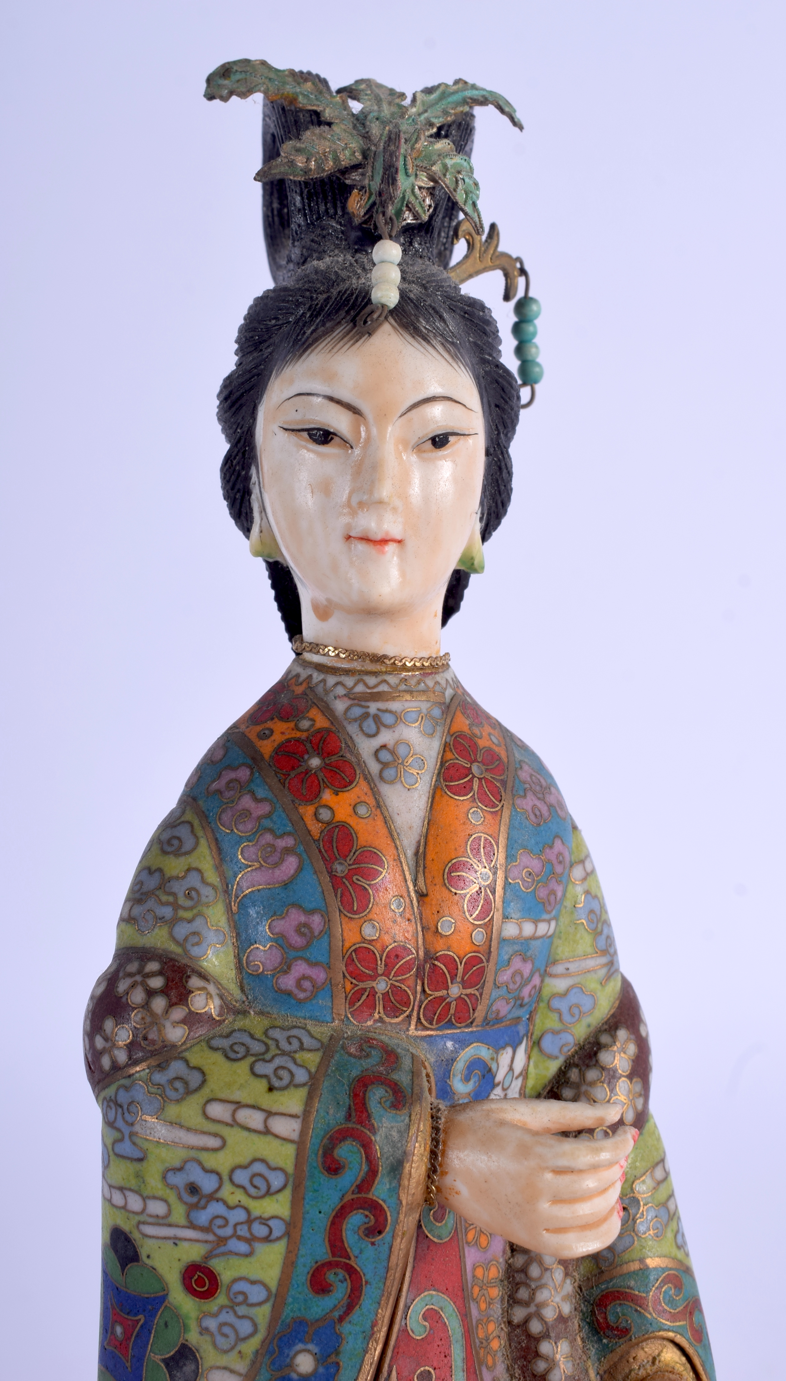 AN EARLY 20TH CENTURY CHINESE CLOISONNE ENAMEL AND IVORY GUANYIN decorated with motifs. 27 cm high. - Image 3 of 3