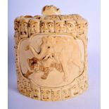 A RARE 19TH CENTURY JAPANESE MEIJI PERIOD CARVED IVORY TUSK VASE AND COVER decorated with portrait