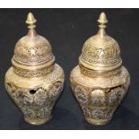 Pair of fine cut open work lidded brass vases floral decoration 28cm