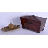 A LARGE ANTIQUE TEA CADDY together with a brass inkwell. Largest 29 cm wide. (2)