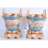 A LARGE PAIR OF CONTEMPORARY SEVRES STYLE JARDINIERES with gilt bronze mounts. 34 cm x 20 cm.