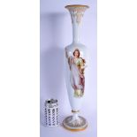A LARGE 19TH CENTURY BOHEMIAN ENAMELLED OPALINE GLASS VASE painted with a classical figure in fligh