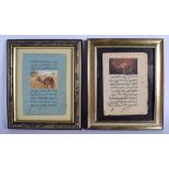 A PAIR OF INDIAN PERSIAN ILLUMINATED WATERCOLOUR MANUSCRIPTS depicting camels and calligraphy. Imag