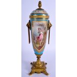 A 19TH CENTURY SEVRES PORCELAIN VASE AND COVER painted with figures, mounted in bronze. 32 cm high.