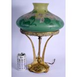 A STYLISH ART NOUVEAU HANDEL GLASS AND BRONZE PATINATED LAMP painted with floral sprays, the base d