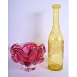 AN EARLY 20TH CENTURY YELLOW GLASS NARROW DECANTER BOTTLE together with a Murano style art glass bo