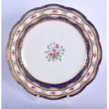 Sevres dessert plate painted bouquet of pink roses and cornflowers, the border with a blue enamel g