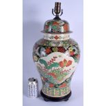 A LARGE CHINESE FAMILLE VERTE VASE AND COVER 20th Century, converted to a lamp. Vase 48 cm high.