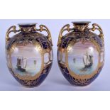 A PAIR OF JAPANESE NORITAKE PORCELAIN VASES painted with boats at sea. 16.5 cm high.