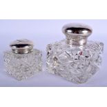 TWO ANTIQUE SILVER CRYSTAL GLASS INKWELLS. Largest 10 cm x 8 cm. (2)